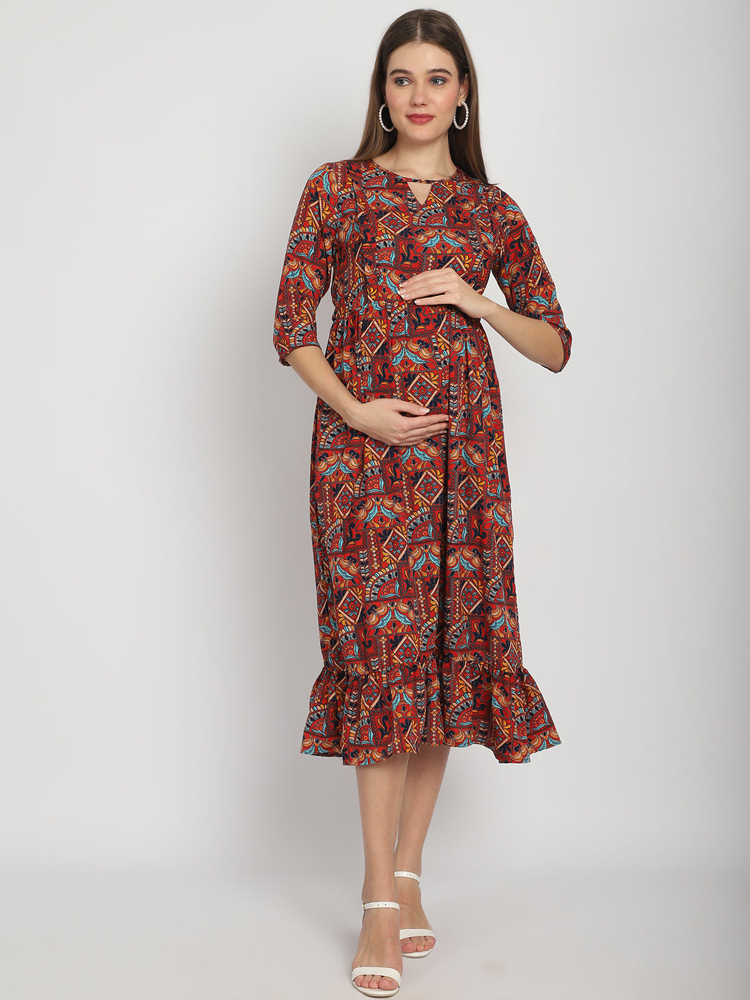 Multi Indian Printed Fit and Flare Maternity Maxi Dress