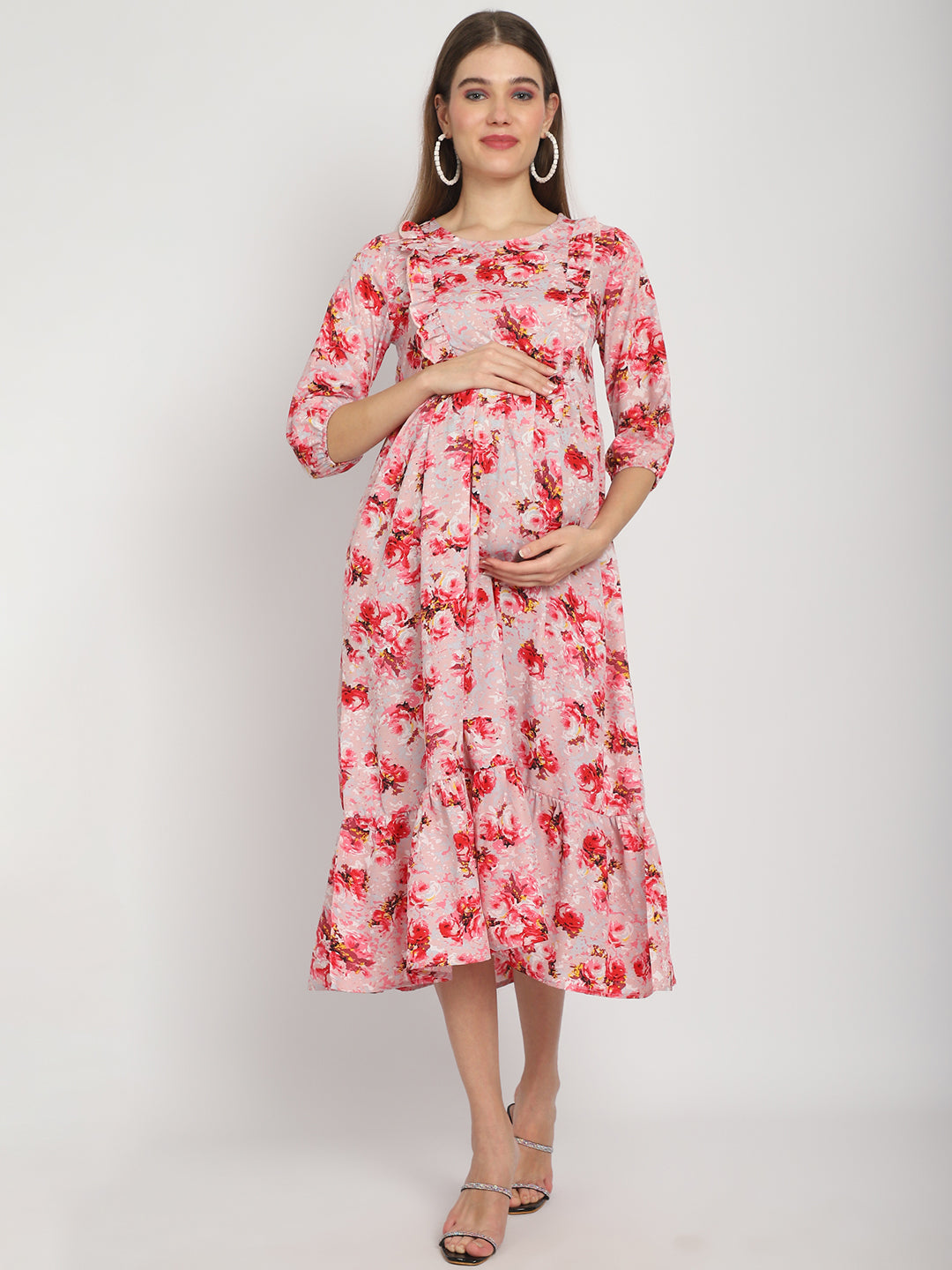 Peach Abstract Printed Fit and Flare Maternity Midi Dress