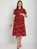 Maroon Floral Printed Fit and Flare Maternity Midi Dress