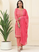 Pink Floral Printed Pure Cotton Kurta With Trousers & Chiffon Dupatta