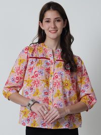 Peach Floral Printed Mandarin Collar Pure Cotton Top