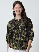 Brown Floral Printed Mandarin Collar Pure Cotton Top