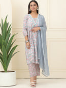 Multi Floral Printed Pure Cotton Kurta With Trousers & Chiffon Dupatta