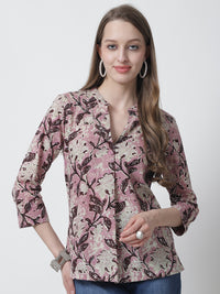 Rose Gold Floral Printed Mandarin Collar Pure Cotton Top