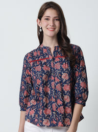 Navy Blue Floral Printed Mandarin Collar Pure Cotton Top