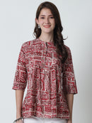 Maroon Ethnic Motifs Printed Mandarin Collar Pure Cotton Top