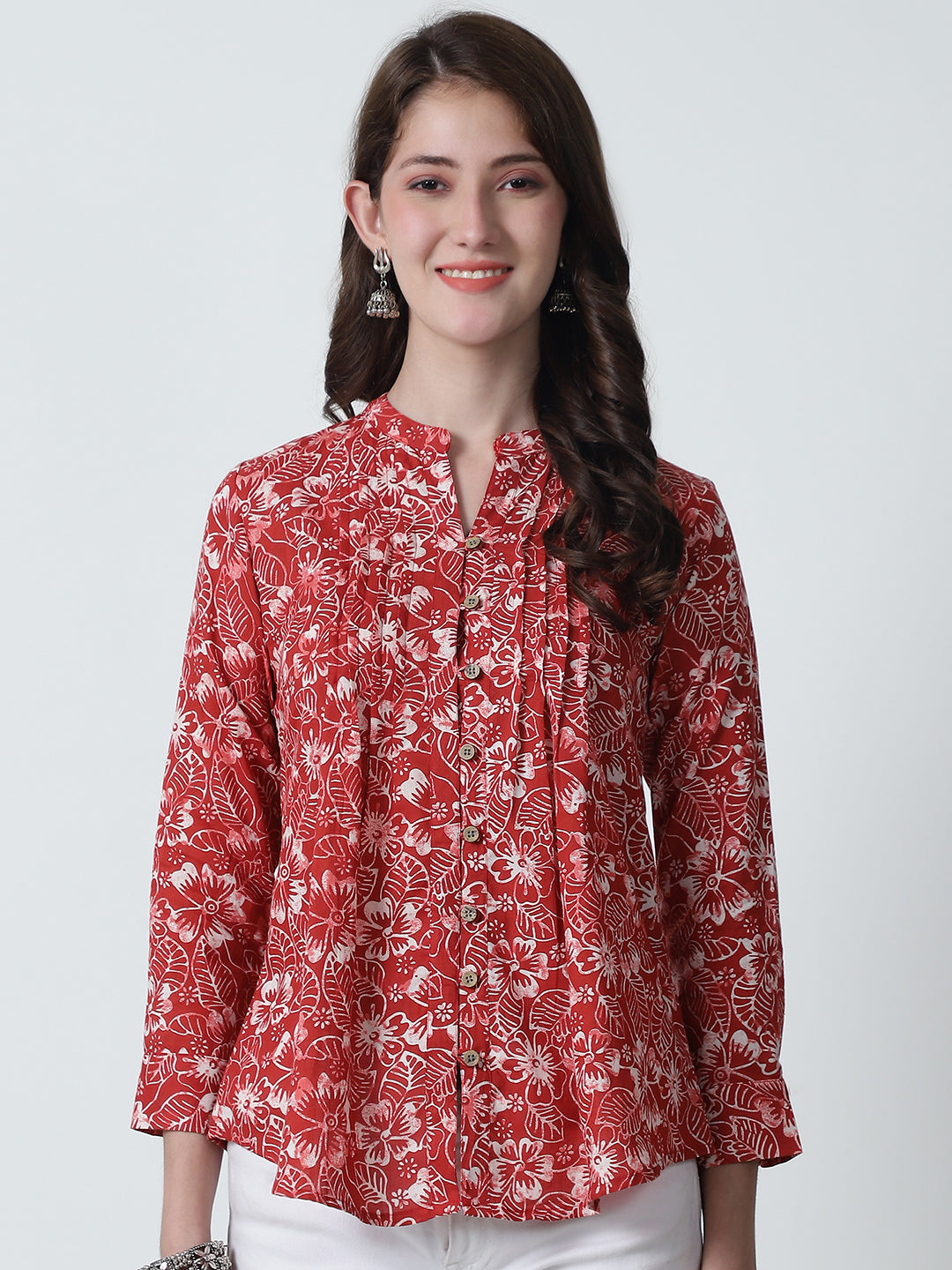 Red Floral Printed Mandarin Collar Pure Cotton Top