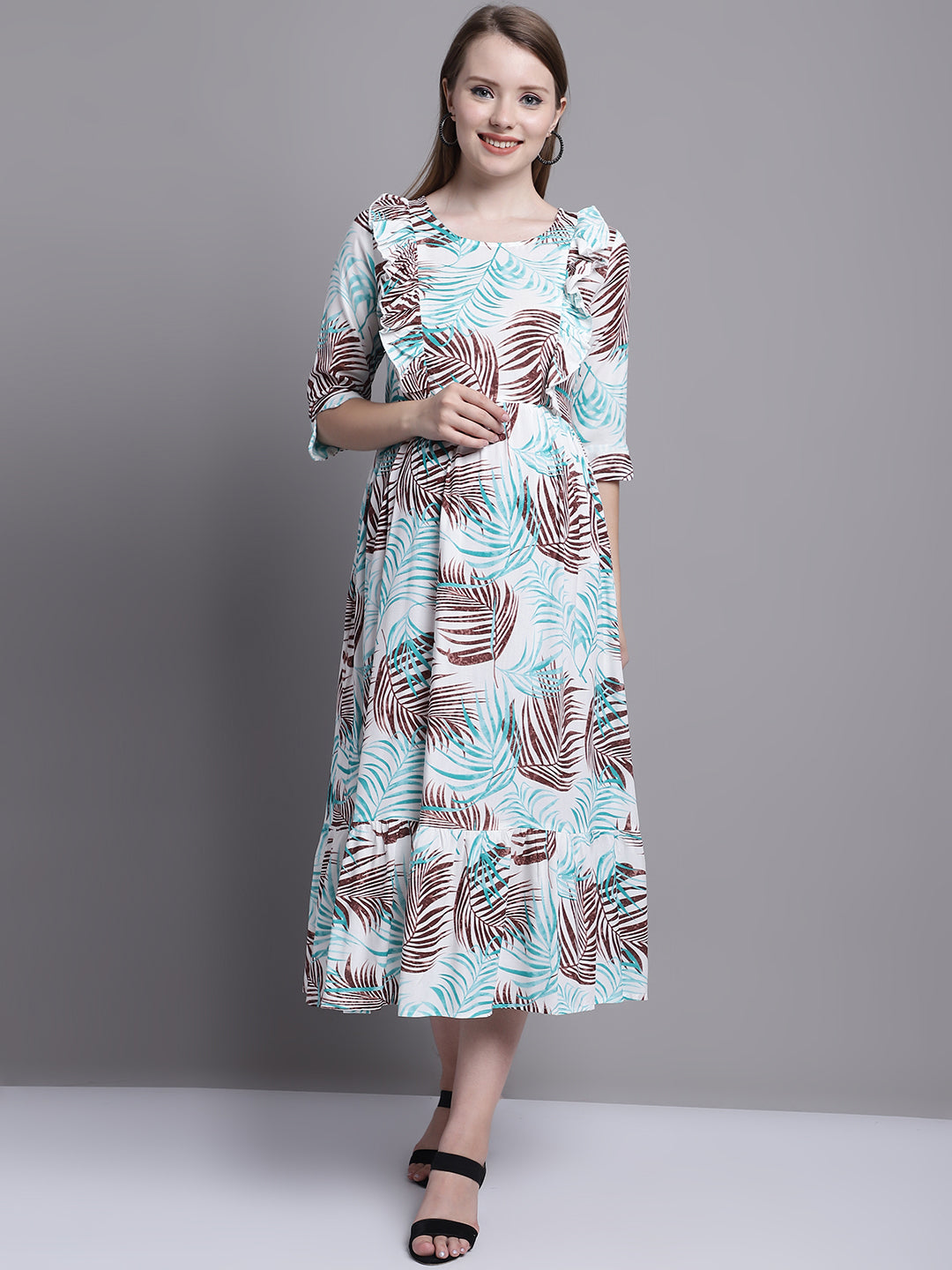 Turquoise Blue Floral Printed Maternity Midi Dress