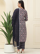 Black Floral Printed Pure Cotton Kurta With Trousers & Chiffon Dupatta