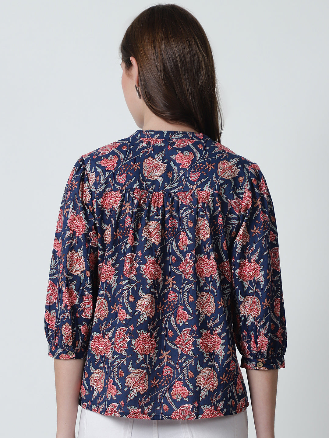 Navy Blue Floral Printed Mandarin Collar Pure Cotton Top