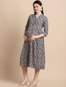 Navy Blue Printed Maternity Midi Dress