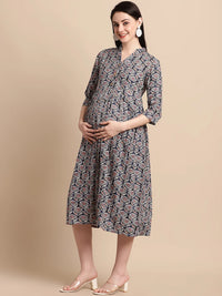 Navy Blue Printed Maternity Midi Dress