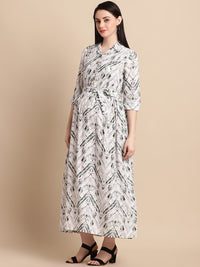 White & Olive Printed Shirt Style Maternity Dress