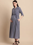 Navy Printed Shirt Style Maternity Dress