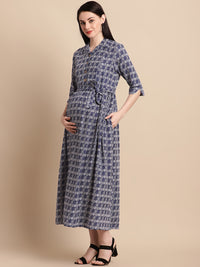 Navy Printed Shirt Style Maternity Dress