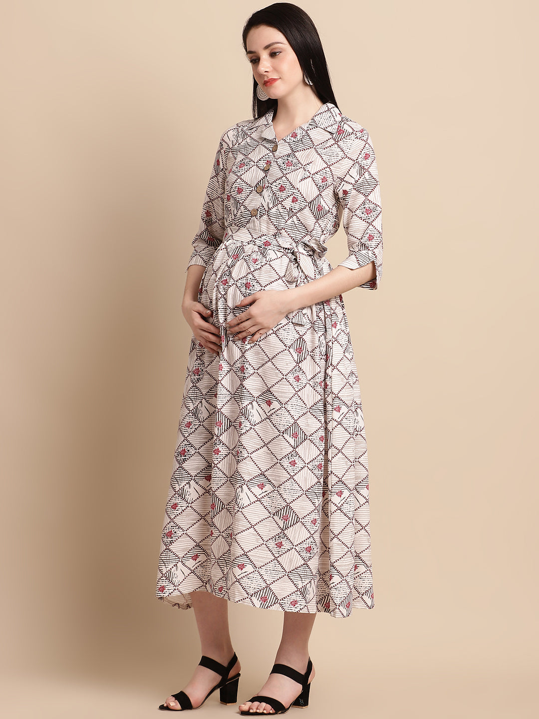 Cream Printed Shirt Style Maternity Dress