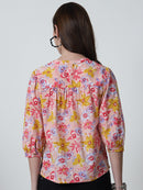 Peach Floral Printed Mandarin Collar Pure Cotton Top