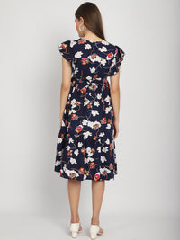 Navy Abstract Printed Fit and Flare Maternity Midi Dress