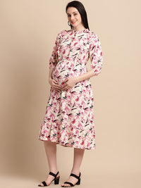 Pink Floral Printed Maternity Midi Dress