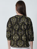 Brown Floral Printed Mandarin Collar Pure Cotton Top