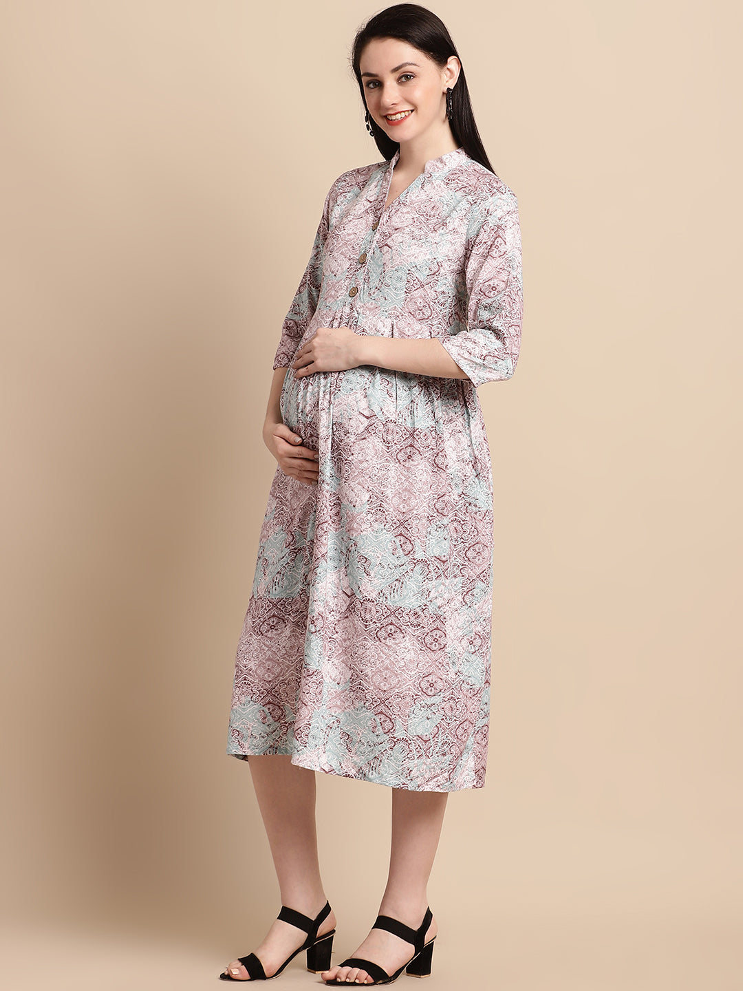 Brown Abstract Printed Maternity Midi Dress