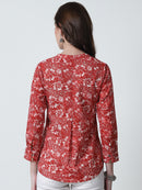 Red Floral Printed Mandarin Collar Pure Cotton Top