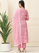 Pink Floral Printed Pure Cotton Kurta With Trousers & Chiffon Dupatta