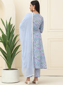 Lavender Floral Printed Pure Cotton Kurta With Trousers & Chiffon Dupatta