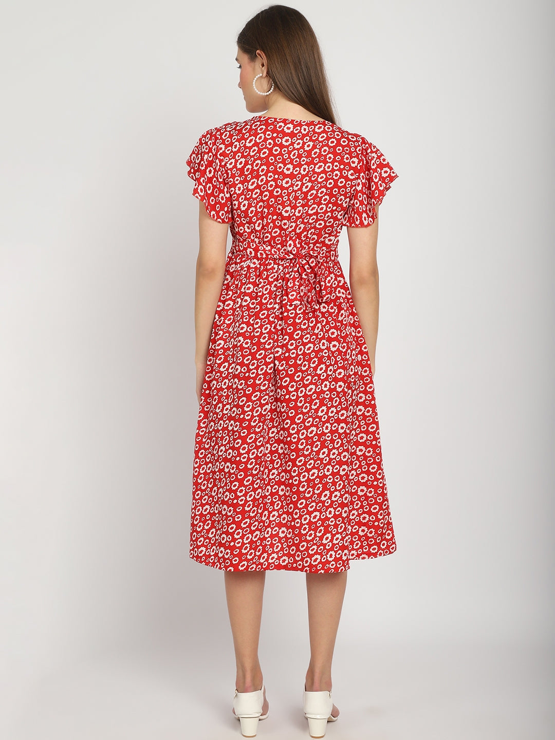 Red Micro Printed Fit and Flare Maternity Midi Dress