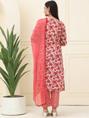 Maroon Floral Printed Pure Cotton Kurta With Trousers & Chiffon Dupatta