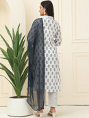 Black Floral Printed Pure Cotton Kurta With Trousers & Chiffon Dupatta