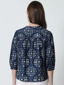 Navy Blue Floral Printed Mandarin Collar Pure Cotton Top