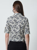 Cream Floral Printed Shirt Collar Pure Cotton Top