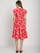 Red Floral Printed Fit and Flare Maternity Midi Dress