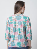 White & Pink Floral Printed Mandarin Collar Pure Cotton Top