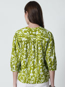 Lime Green Floral Printed Mandarin Collar Pure Cotton Top