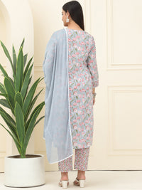 Multi Floral Printed Pure Cotton Kurta With Trousers & Chiffon Dupatta