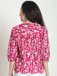 Pink Floral Printed Mandarin Collar Pure Cotton Top