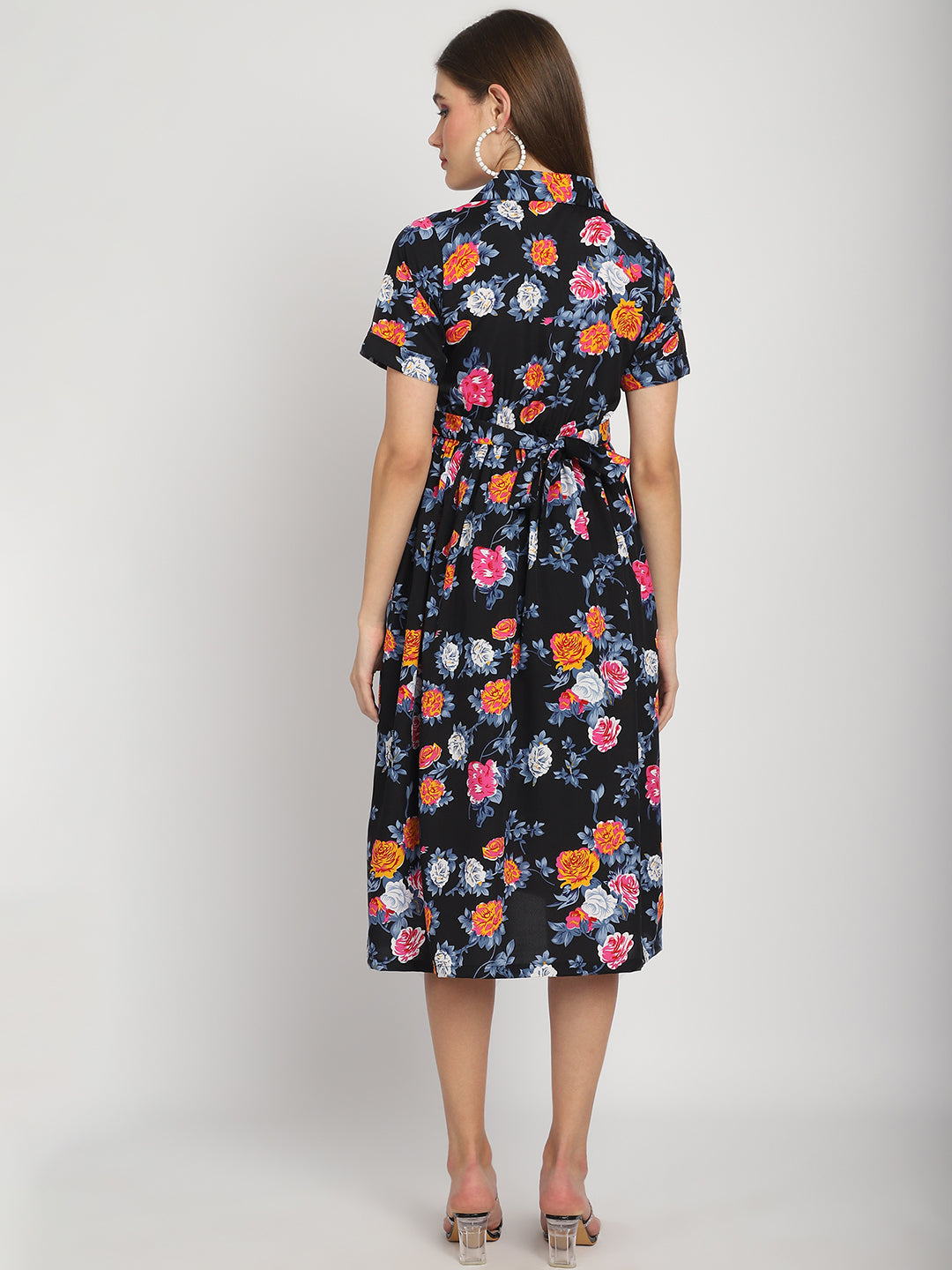 Black Abstract Printed Fit and Flare Maternity Midi Dress