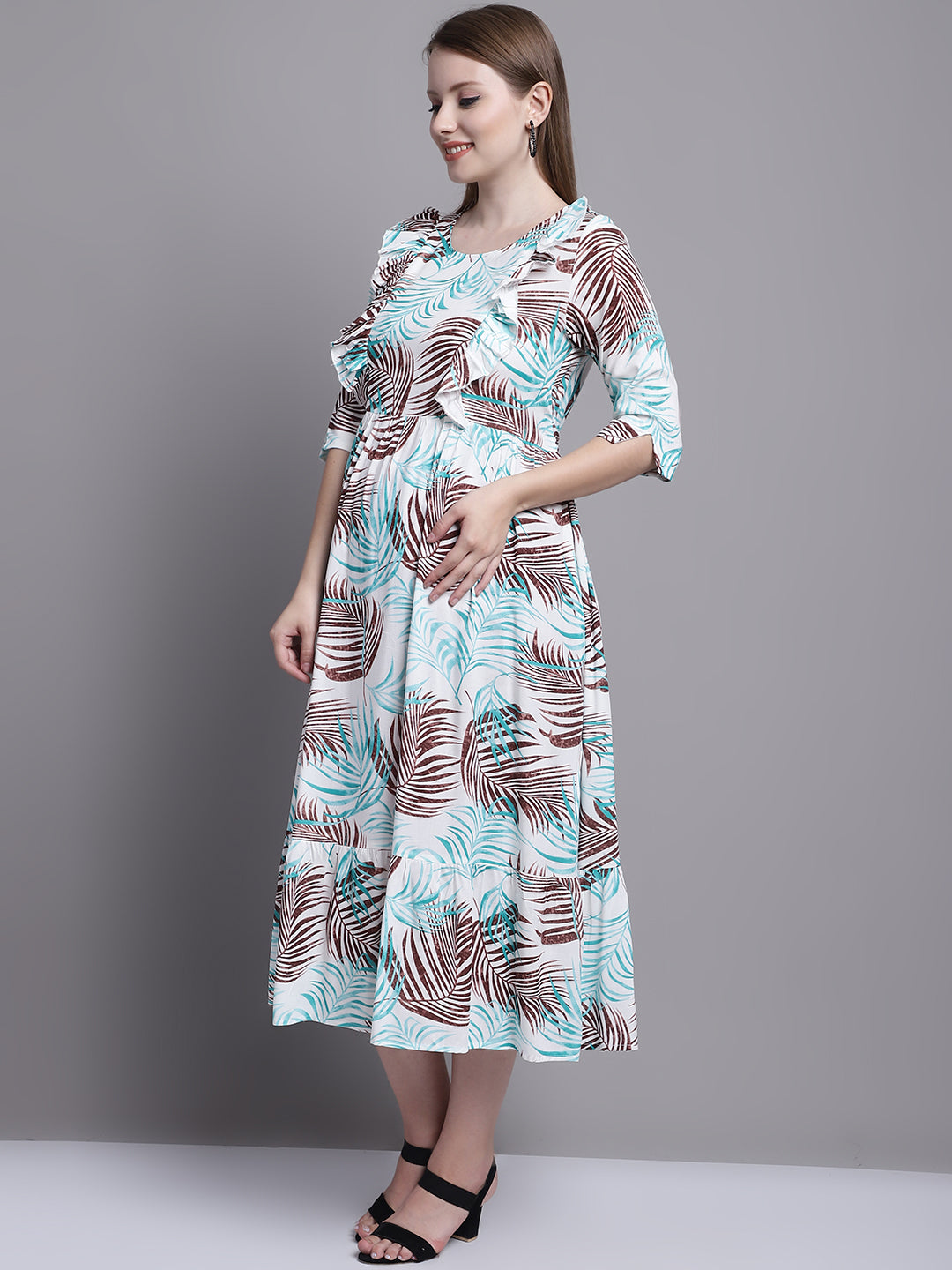 Turquoise Blue Floral Printed Maternity Midi Dress