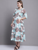 Turquoise Blue Floral Printed Maternity Midi Dress