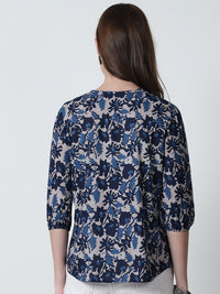 Navy Blue Floral Printed Round Neck Pure Cotton Top