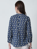 Navy Blue Abstract Printed Mandarin Collar Pure Cotton Top