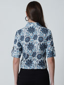 Off White Floral Printed Shirt Collar Pure Cotton Top