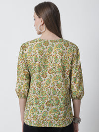 Lime Green Floral Printed Mandarin Collar Pure Cotton Top