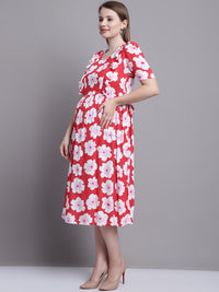 Red Floral Printed Maternity Midi Dress