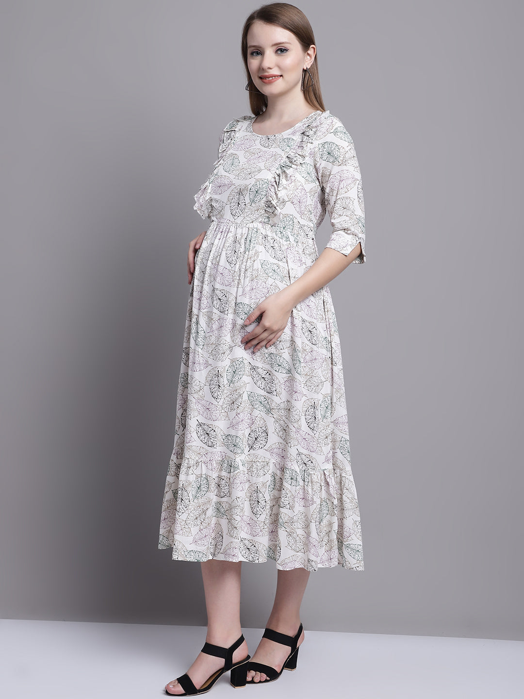 Off White Floral Printed Maternity Midi Dress