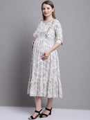 Off White Floral Printed Maternity Midi Dress