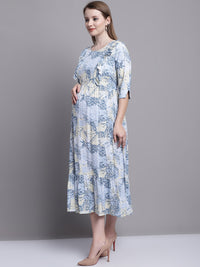 Blue Abstract Printed Maternity Midi Dress