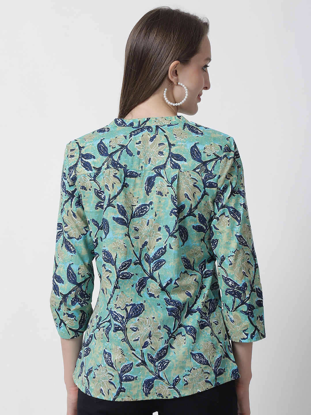 Turquoise Blue Floral Printed Mandarin Collar Pure Cotton Top